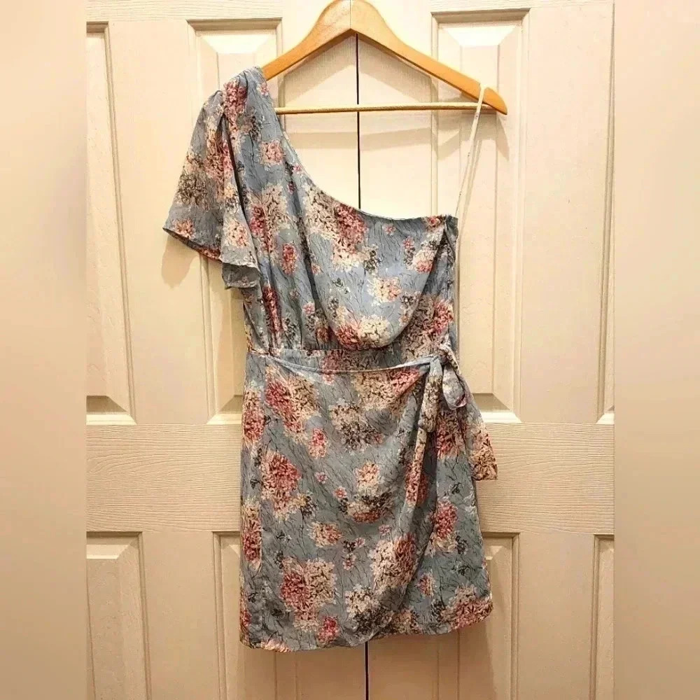 Lulus Way to Wow Dusty Blue Floral One Shoulder Faux-Wrap Dress-Size Large-NWOT